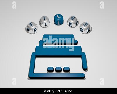 Rappresentazione 3D di FILE con icona sulla parete e testo disposto da lettere cubiche metalliche su un pavimento a specchio per significato concettuale e presentazione presentazione slideshow. Illustrazione e business Foto Stock