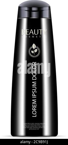 Bottiglia cosmetica nera per shampoo, gel doccia. Prodotti cosmetici di lusso con etichetta e logo campione. Illustrazione del mockup vettoriale. Illustrazione Vettoriale