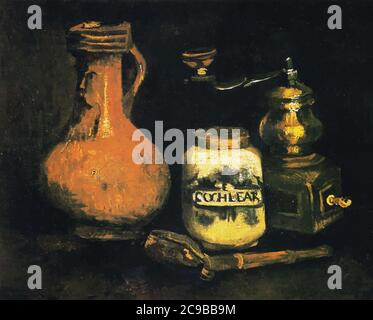Il mio digitale ha alterato la vita morta con Coffee Mill, Pipe e Jug di Vincent Van Gogh 1884. Il Museo Kroller-Muller di Otterlo, Paesi Bassi Foto Stock