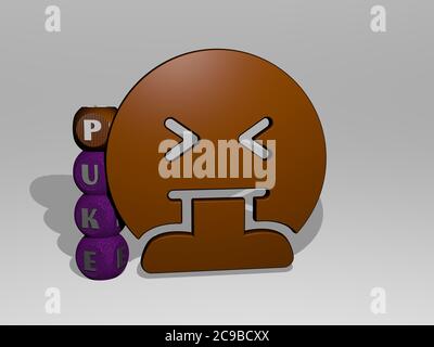 Illustrazione in 3D di grafica puke e testo intorno all'icona fatta da lettere di dadi metallici per i significati correlati del concetto e delle presentazioni Foto Stock