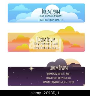 Set di striscioni con tempo naturale giorno, tramonto, notte e luogo per il testo. Elemento vettoriale per il progetto Illustrazione Vettoriale