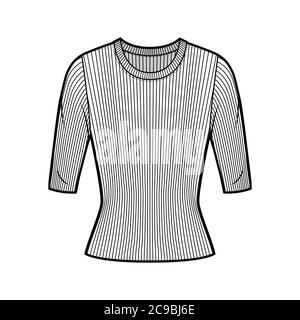 Maglia a coste con collo a maglia illustrazione tecnica di moda con maniche a costolette corte, lunghezza tunica. Modello di abbigliamento da outwear piatto, colore bianco. Donna, uomo, maglia unisex top mockup CAD Illustrazione Vettoriale