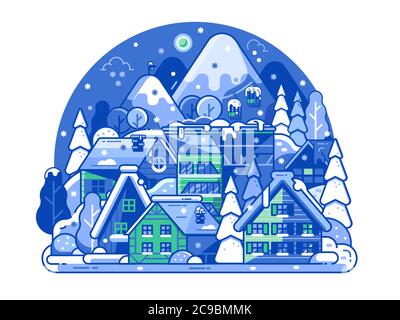 Sleeping Ski Resort di scena notturna in Line Art Illustrazione Vettoriale