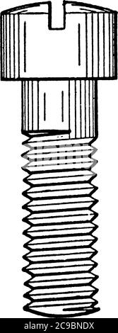 La vite a macchina è un perno in metallo corto, sottile e appuntito con testa tonda e filettatura elicoidale rialzata che lo percorre attorno, disegno di linea vintage o engra Illustrazione Vettoriale