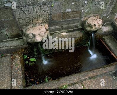 C16th leone-head beccucci d'acqua e granito trogolo d'acqua della fontana in Piazza della Chiesa a ovest di St Petroc's Church, Bodmin, Cornovaglia, Inghilterra, Regno Unito. Foto Stock