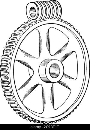 L'azionamento a vite senza fine è un ingranaggio in cui la vite si ingrana con la ruota dentellata, il disegno della linea vintage o l'illustrazione dell'incisione. Illustrazione Vettoriale