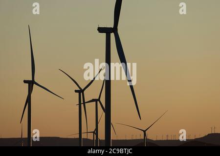 Sagome delle turbine eoliche al tramonto nella regione di Ribera alta del Ebro, ad Aragona, Spagna. Foto Stock