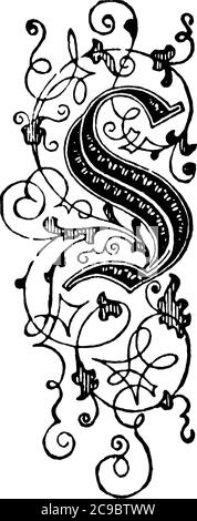 Una rappresentazione tipica della lettera, 'maiuscola-T', scritta floreale ornamentale. L'alfabeto è decorato ed è rappresentato in una forma elegante, tinta Illustrazione Vettoriale