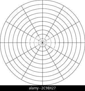 Un grafico polare con 10 cerchi concentrici che mostrano il raggio e sono divisi in sezioni di 30 gradi (non etichettate) ciascuna , disegno di linee vintage o incisione Illustrazione Vettoriale