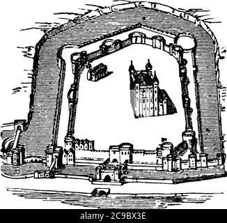 Spettacoli schematici Torre di Londra, è un castello storico situato sulla riva nord del Tamigi nel centro di Londra, disegno di linee d'epoca o incisioni Illustrazione Vettoriale