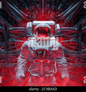 Lair della macchina / 3D illustrazione di fantascienza astronauta esplorando alieno spazio nave interno Foto Stock