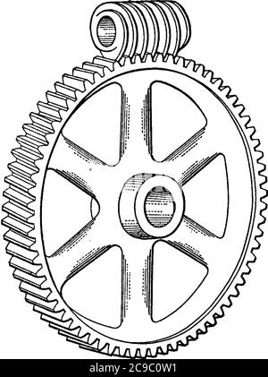 L'azionamento a vite senza fine è un ingranaggio in cui la vite si ingrana con la ruota dentellata, il disegno della linea vintage o l'illustrazione dell'incisione. Illustrazione Vettoriale