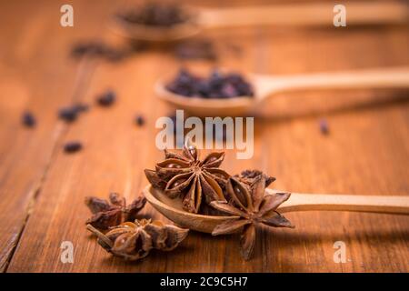 spezie di unghie, anis star e barberry in cucchiai di legno in uno studio Foto Stock