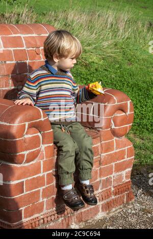 Little boy (2/3 anni) si trova su 'Se Bryck', una scultura di Amy Cooper, Tremenheere Scupture Gardens, Penzance, Cornwall, UK. MODELLO RILASCIATO Foto Stock