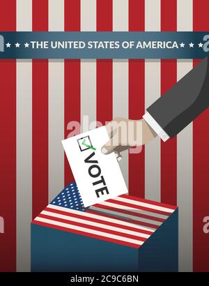 MANIFESTO DELLA campagna elettorale presidenziale DEGLI STATI UNITI 2020. Mano che mette la scheda di carta del voto nella scatola del voto con il modello americano della bandiera sullo sfondo. Illustrazione Vettoriale