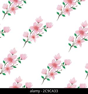 rametto in fiore di ciliegio motivo senza cuciture, acquerello sakura fiore illustrazione per tessuto, sfondi o avvolgimento, vintage floreale tessile design Foto Stock