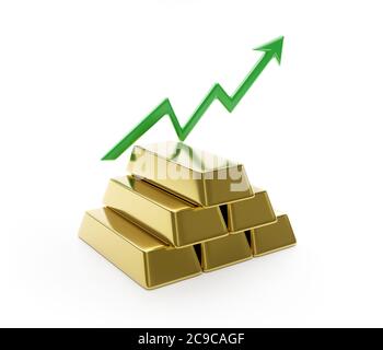 Primo piano delle barre d'oro o dei lingotti in banca con un grafico statistico crescente, isolato su sfondo bianco. Metallo prezioso. Illustrazione 3D Foto Stock