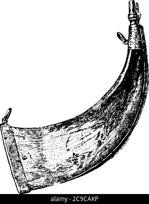 Una rappresentazione tipica del corno in polvere, un pallone in polvere realizzato con il corno di animali, solitamente da un bue o da una mucca, da un disegno di linea d'annata o da un'incisione Illustrazione Vettoriale