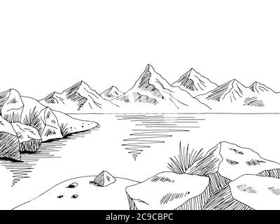Scogliera mare costa grafica bianco nero disegno paesaggio vettore illustrazione Illustrazione Vettoriale