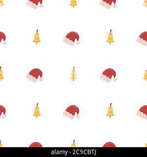 Motivo retro senza cuciture con cappello e campana Babbo Natale per il design di carta e tessuto. Tradizionale vacanza invernale art. Stile Cartoon. Sfondo di modo vettoriale. Illustrazione Vettoriale