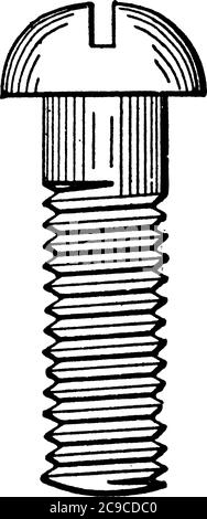 La vite a macchina è un perno in metallo corto, sottile e appuntito con testa arrotondata e filettatura elicoidale rialzata che lo avvolna, disegno di linea vintage o eng Illustrazione Vettoriale