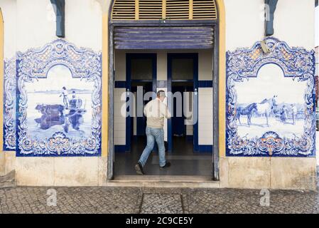 Tipici Azulejos portoghesi raffiguranti scene tipiche regionali e monumento sulla facciata del mercato di Santarem, Portogallo. Foto Stock