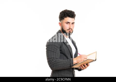 Reporter o scrittore prendere appunti per l'articolo. Pratica di scrittura. Abilità di scrittura. Scuola di giornalismo Foto Stock