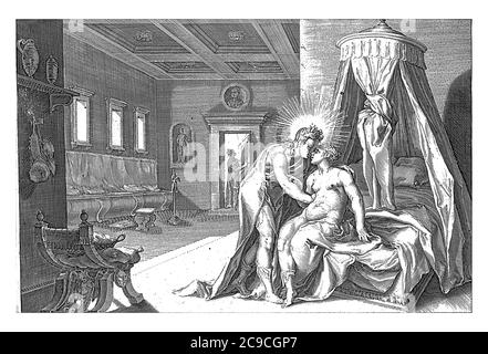 Apollo seduce Leucotea, Hendrick Goltzius (laboratorio di), dopo Hendrick Goltzius, 1728 Apollo (o Helios) abbraccia Leucotea, seduto sul suo letto. Th Foto Stock