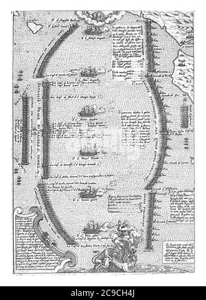 La battaglia di Lepanto il 7 ottobre 1571 con la flotta cristiana a sinistra e la flotta ottomana a destra, incisione d'epoca. Foto Stock