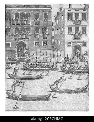 Gara di gondole e barche a remi a Venezia, in primo piano un concorso di gondole e barche a remi. I palazzi situati sul wat Foto Stock