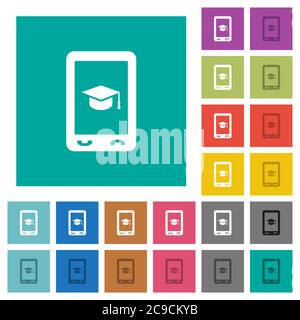 Icone piatte multicolore per l'apprendimento mobile su sfondi quadrati. Incluse variazioni delle icone bianche e più scure per il passaggio del mouse o gli effetti attivi. Illustrazione Vettoriale
