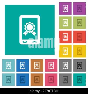Icone piatte multicolore per la certificazione mobile su sfondi quadrati. Incluse variazioni delle icone bianche e più scure per il passaggio del mouse o gli effetti attivi. Illustrazione Vettoriale