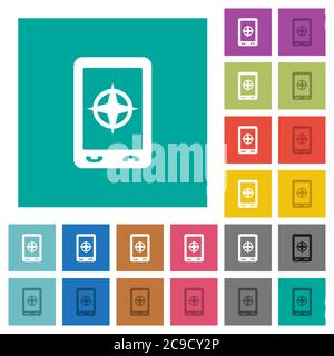 Bussola mobile icone piatte multicolore su sfondi quadrati. Incluse variazioni delle icone bianche e più scure per il passaggio del mouse o gli effetti attivi. Illustrazione Vettoriale