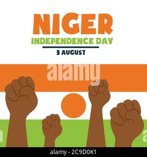 Giorno felice di indipendenza Niger, 3 agosto, bandiera e le mani persone poster, flat illustrazione, vettore Illustrazione Vettoriale