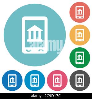 Icone bianche piatte di Mobile Banking su sfondi rotondi di colore Illustrazione Vettoriale
