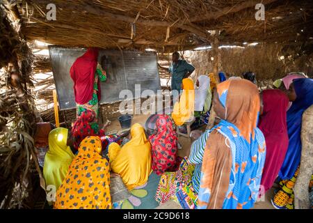 Le donne e le ragazze che non hanno mai ricevuto un'istruzione partecipano a una classe di alfabetizzazione funzionale nella regione di Tahoua, in Niger. Progetto Alliance 12/12 - Niger, Africa occidentale. 18 settembre 2018. Foto di Jake Lyell per il Luterano World Relief. Foto Stock