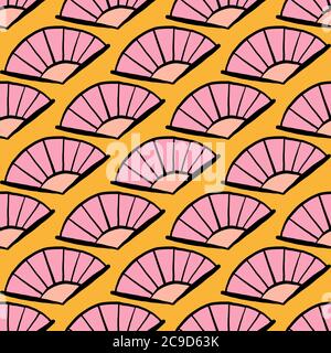 Ventilatori rosa, motivo senza giunture su sfondo giallo scuro. Illustrazione Vettoriale