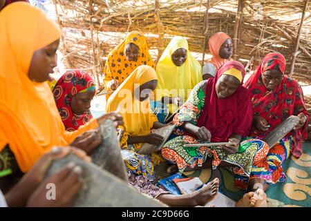 Le donne e le ragazze che non hanno mai ricevuto un'istruzione partecipano a una classe di alfabetizzazione funzionale nella regione di Tahoua, in Niger. Progetto Alliance 12/12 - Niger, Africa occidentale. 18 settembre 2018. Foto di Jake Lyell per il Luterano World Relief. Foto Stock