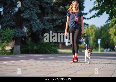 Una donna cammina con il suo cane in background urbano. Avere animali domestici in città, acessories per cuccioli, stile di vita con cani, liscia volpe terrier razza Foto Stock