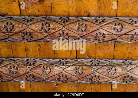 Ciudad Juarez, Chihuahua, Messico. Decorazione del soffitto interno, Missione di nostra Signora di Guadalupe, 17 ° secolo. Foto Stock