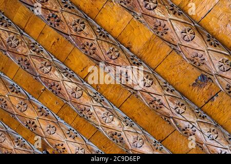 Ciudad Juarez, Chihuahua, Messico. Decorazione del soffitto interno, Missione di nostra Signora di Guadalupe, 17 ° secolo. Foto Stock