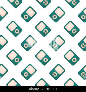 Lettore musicale verde, motivo senza cuciture su sfondo bianco. Illustrazione Vettoriale