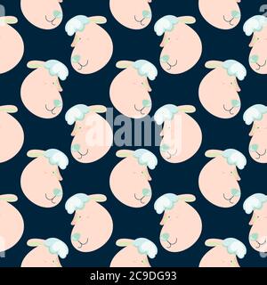 Pecora addormentata, motivo senza cuciture su sfondo blu scuro. Illustrazione Vettoriale