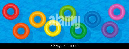 Colorati anelli da bagno, tubi gonfiabili d'acqua, set di ciambelle galleggianti in plastica sull'acqua blu, simbolo del divertimento di gruppo. Foto Stock