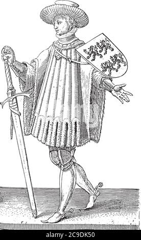 Il conte Giovanni II d'Olanda, in pieno. La punta della sua spada è a terra. Sullo stemma quattro leoni da arrampicata, incisione vintage. Illustrazione Vettoriale