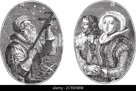 Due rappresentazioni su un foglio di album. A sinistra un astronomo con astrolabio e il personale di Giacobbe. A destra ci sono una donna più giovane con un altro giovane Illustrazione Vettoriale
