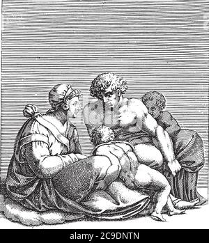 Uomo e Donna con due figli, Adamo Scultori, dopo Michelangelo, 1585, incisione d'annata. Illustrazione Vettoriale