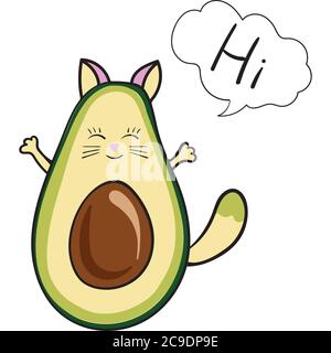 Carino avocado gatto con un sorriso, Ciao, vettore icona isolato su sfondo bianco, stile kawaii Illustrazione Vettoriale