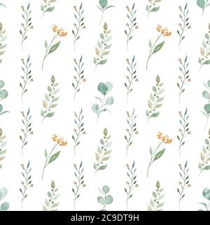 Verde acquerello e rami di eucalipto modello senza giunture. Carta digitale dipinta a mano su sfondo bianco. Carta da parati naturale. Foto Stock
