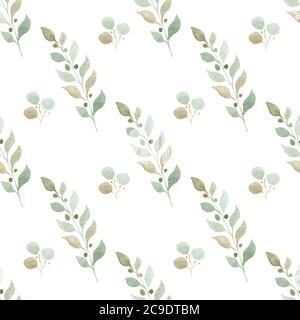Ramificazioni di eucalipto acquerello modello senza giunture. Foglie di verde dipinte a mano carta digitale. Carta da parati naturale. Foto Stock
